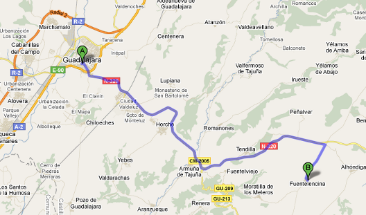 Mapa de la ruta desde Guadalajara a Fuentelencina por Carretera